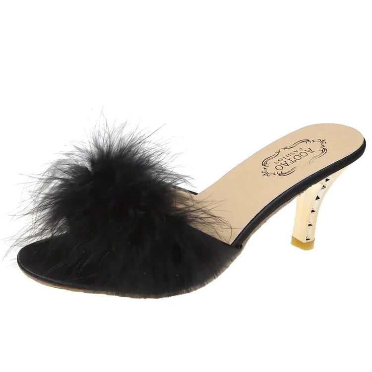 Mules à Talons Femme avec Plumes & Bout Carré | Zalmyraboutique - Zalmyraboutique