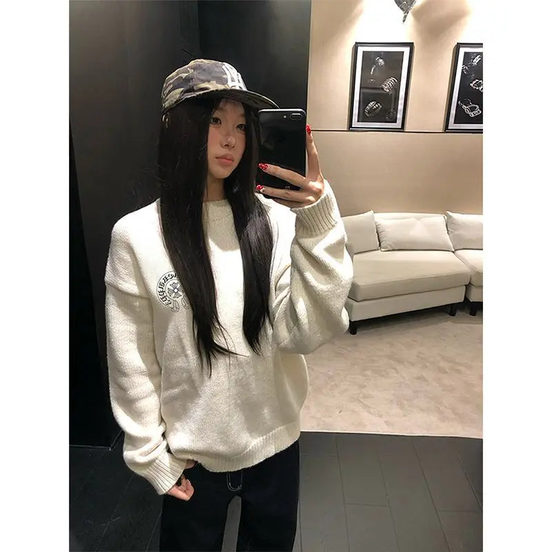 Pull Oversize Y2K Brodé Drapeau Américain | Zalmyraboutique - Zalmyraboutique