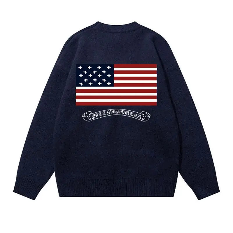 Pull Oversize Y2K Brodé Drapeau Américain | Zalmyraboutique - Zalmyraboutique