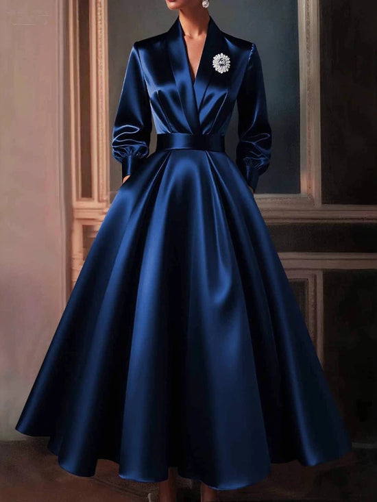 Robe Longue Satinée Plissée & Col en V Chic | Zalmyraboutique - Zalmyraboutique