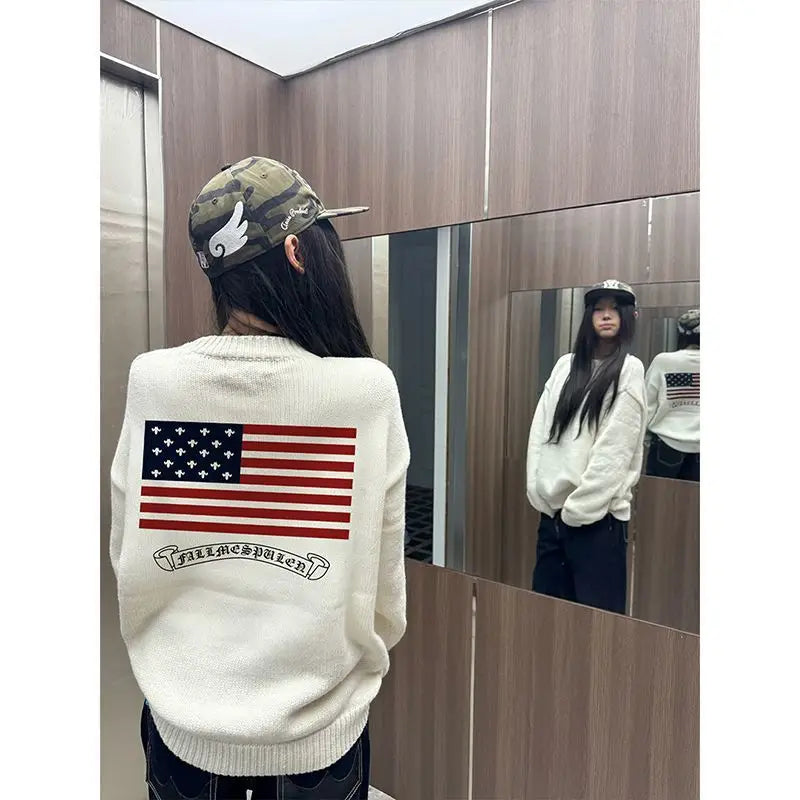 Pull Oversize Y2K Brodé Drapeau Américain | Zalmyraboutique - Zalmyraboutique