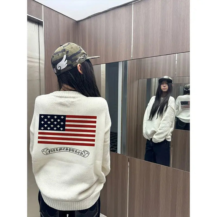 Pull Oversize Y2K Brodé Drapeau Américain | Zalmyraboutique - Zalmyraboutique