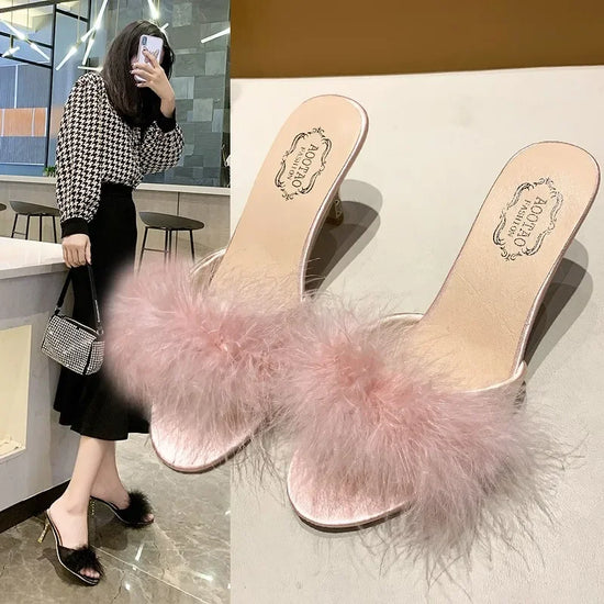 Mules à Talons Femme avec Plumes & Bout Carré | Zalmyraboutique - Zalmyraboutique