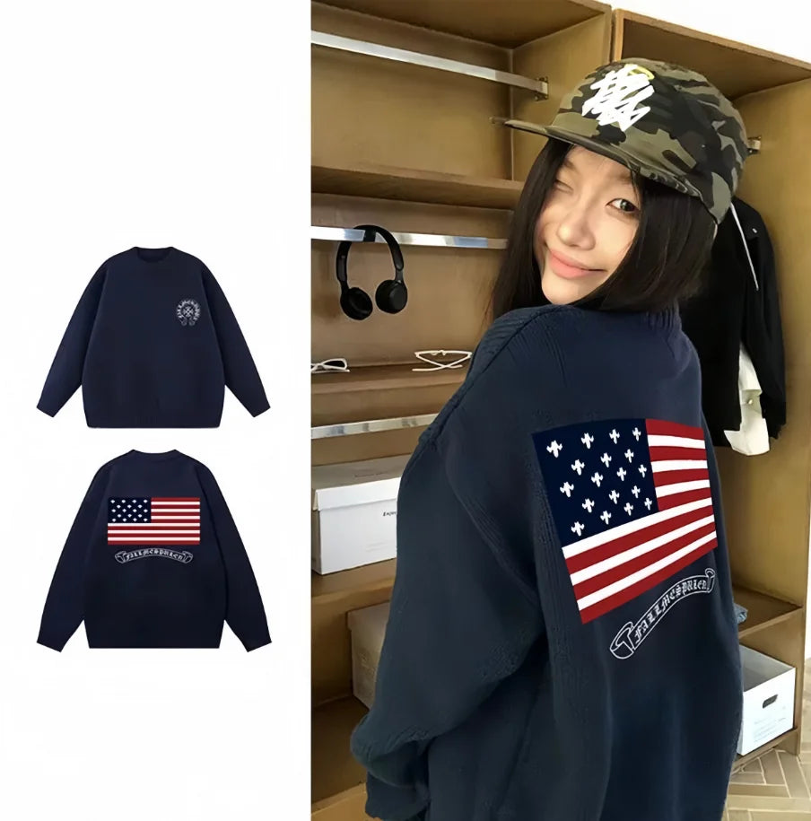 Pull Oversize Y2K Brodé Drapeau Américain | Zalmyraboutique - Zalmyraboutique
