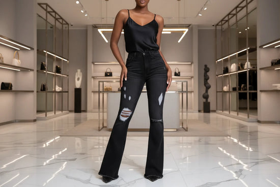 Jean Flare Streetwear Taille Haute & Denim Troué | Zalmyraboutique - Zalmyraboutique